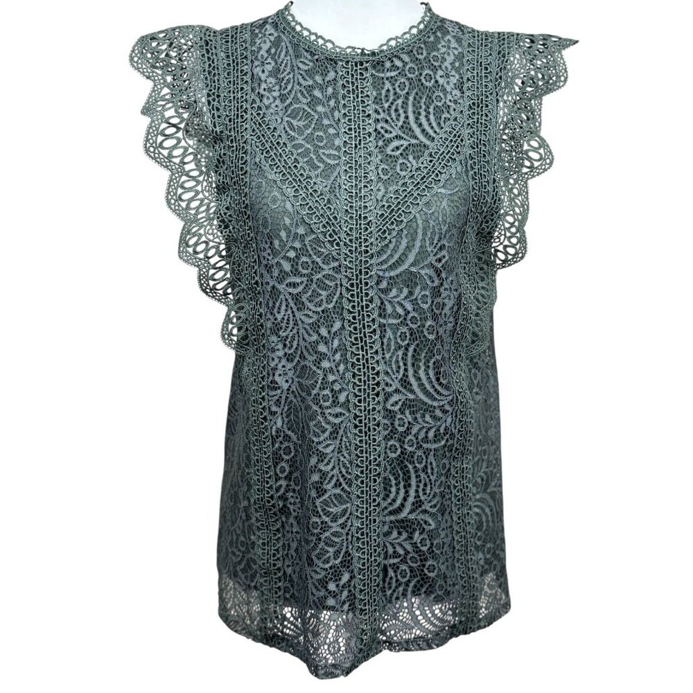Cable & Gauge Womens M Lace Top Blouse Scalloped Sleeves Green Floral Pattern